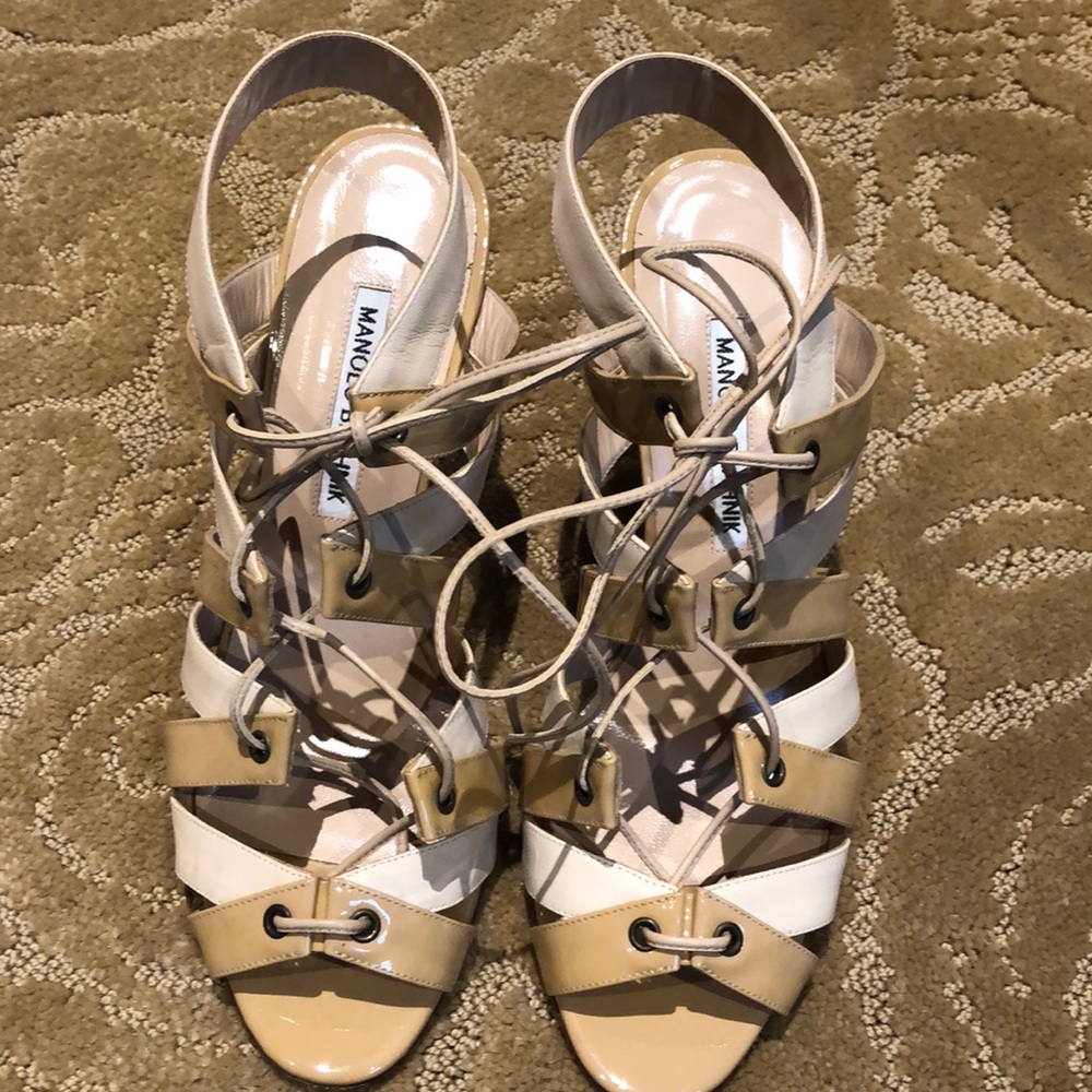 Manolo Blahnik patent strappy heels bone & nude